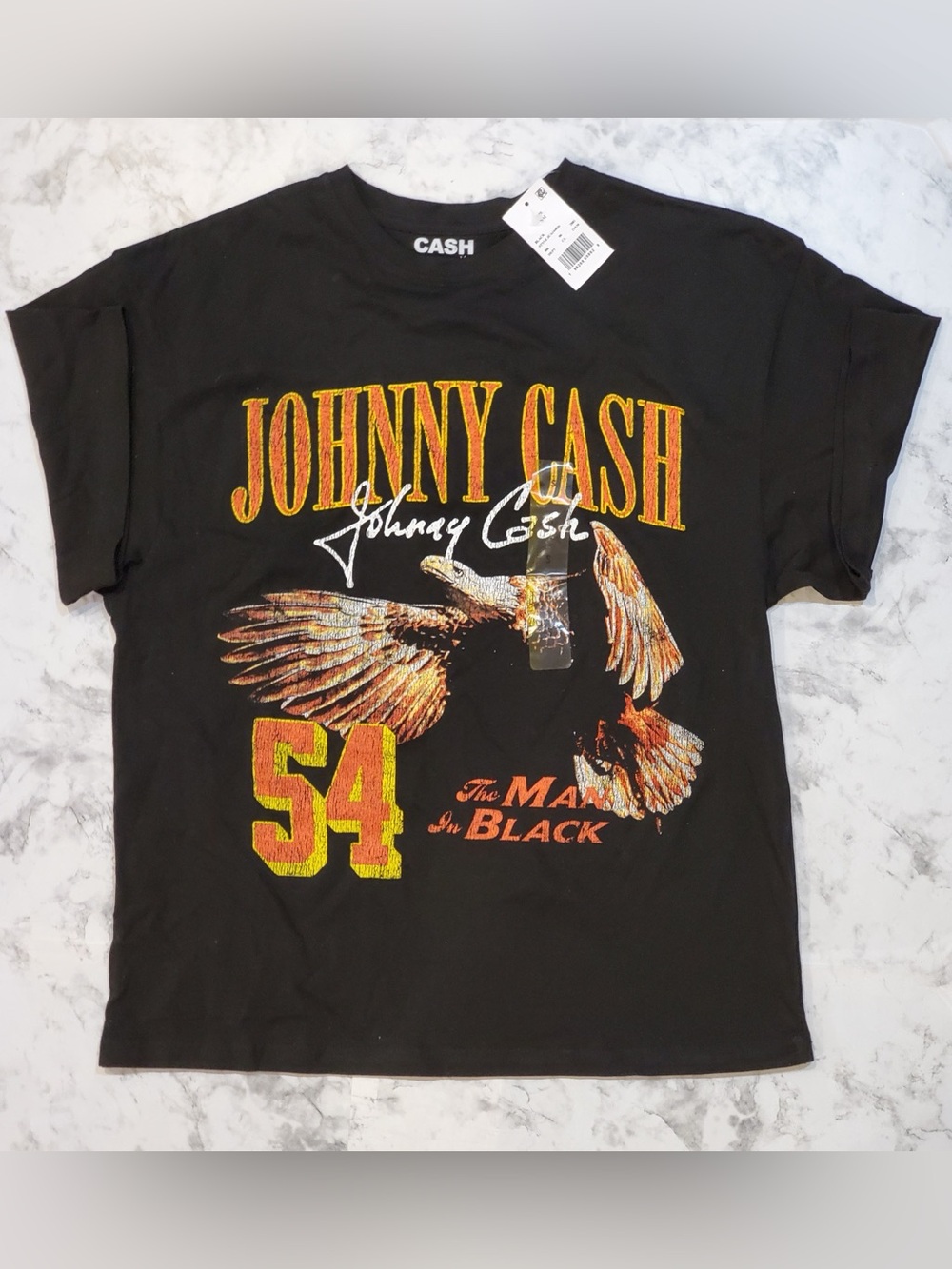 Ash Black Johnny Cash Graphic Tee with Yellow & Orange Accents